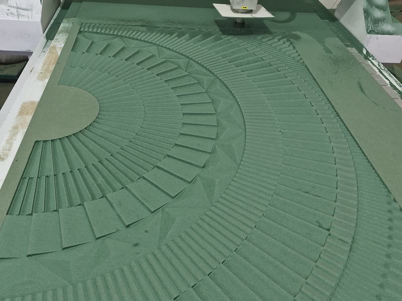 3-axis CNC router cutting a radial pattern into an 18mm board on the bed at Dream3 Bijwasan