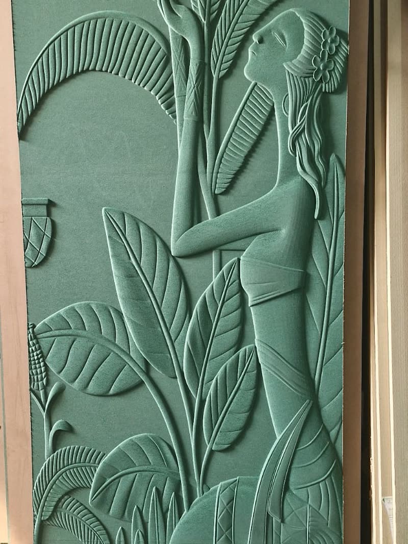 3D CNC carved relief panel with a figure among banana leaves, tall primed MDF panel