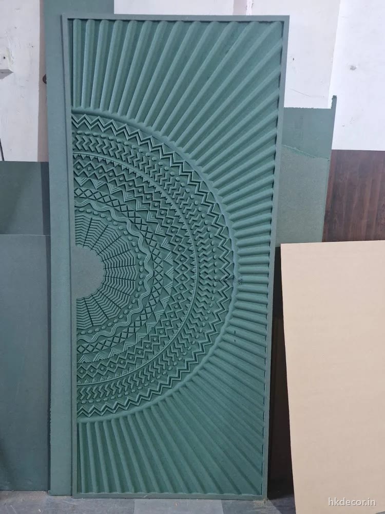 3D CNC carved HDHMR door panel with radial relief, primed and standing in the Bijwasan workshop