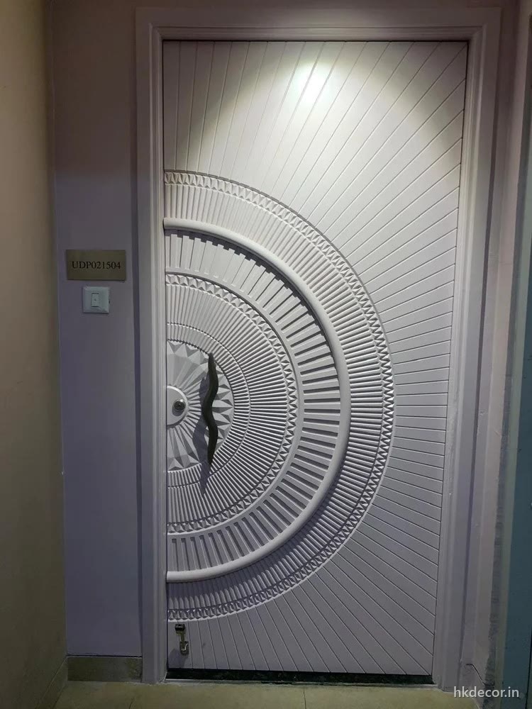 3D CNC carved HDHMR door with a radial sunburst relief, finished white and hung in its frame