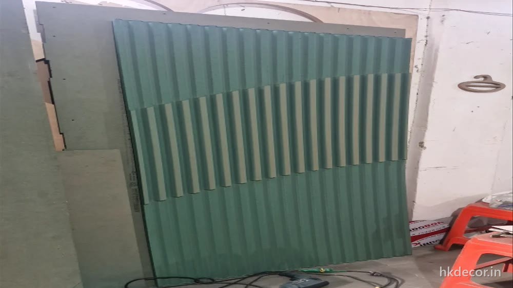 Run of CNC cut fluted wall panels set out full length in the Dream3 workshop, Bijwasan Delhi