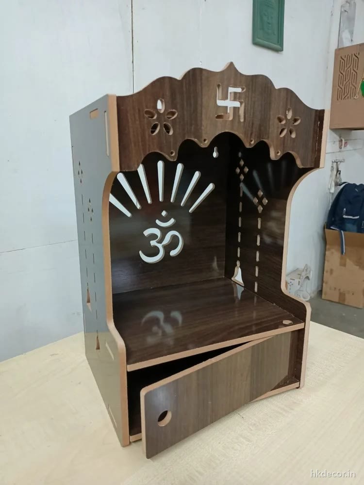 Laser cut home mandir with a cut arch and hanging bells, two tone finish