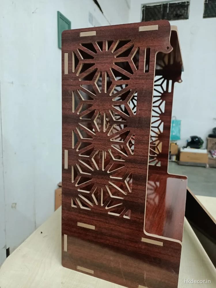 Laser cut home mandir with perforated jaali side panels in a dark wood finish