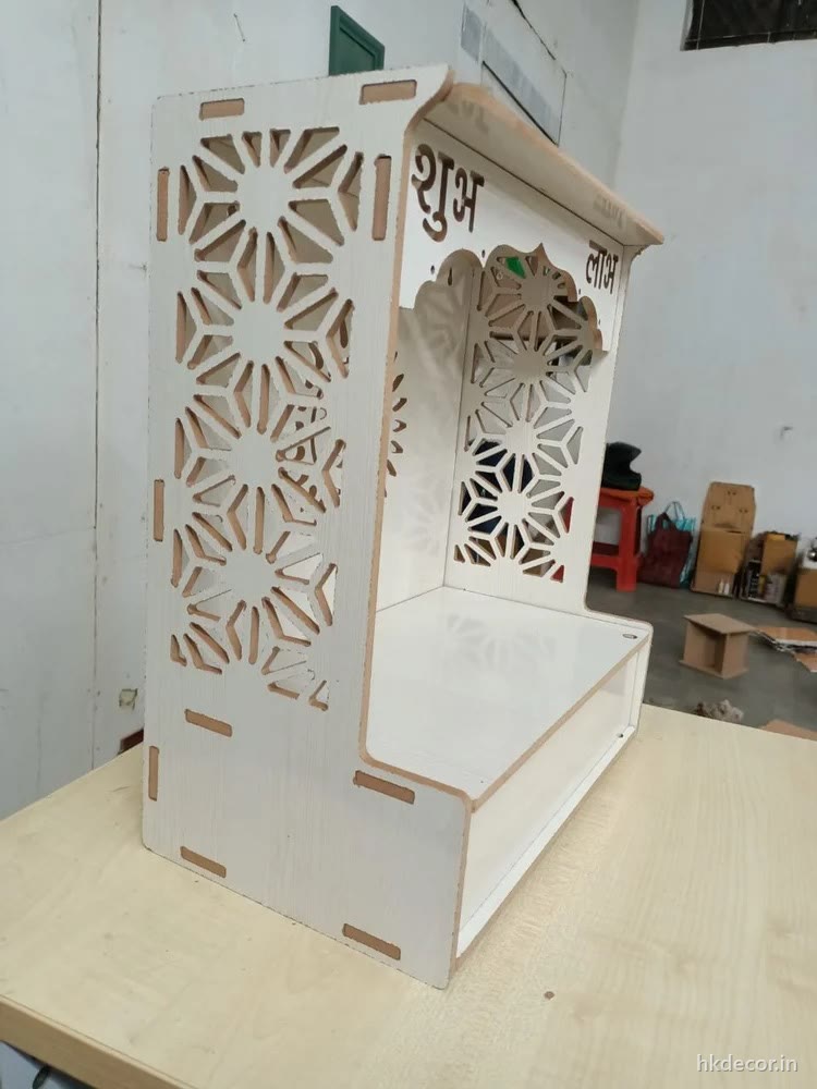 Laser cut flat-pack home mandir with perforated jaali sides in light board