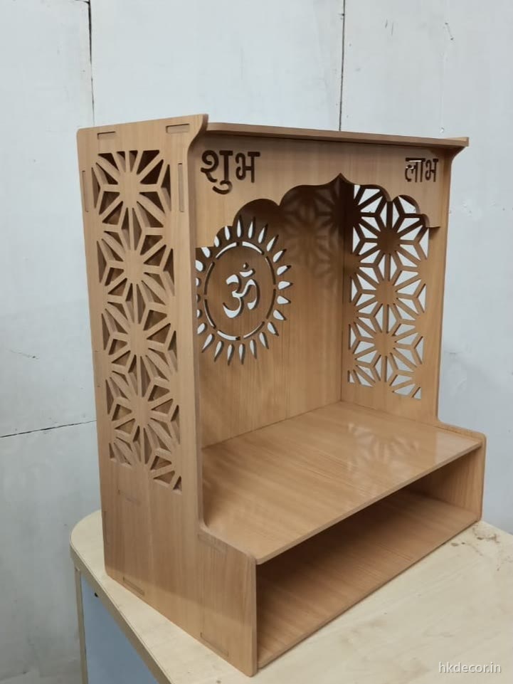 Laser cut home mandir with perforated jaali sides in natural finish board