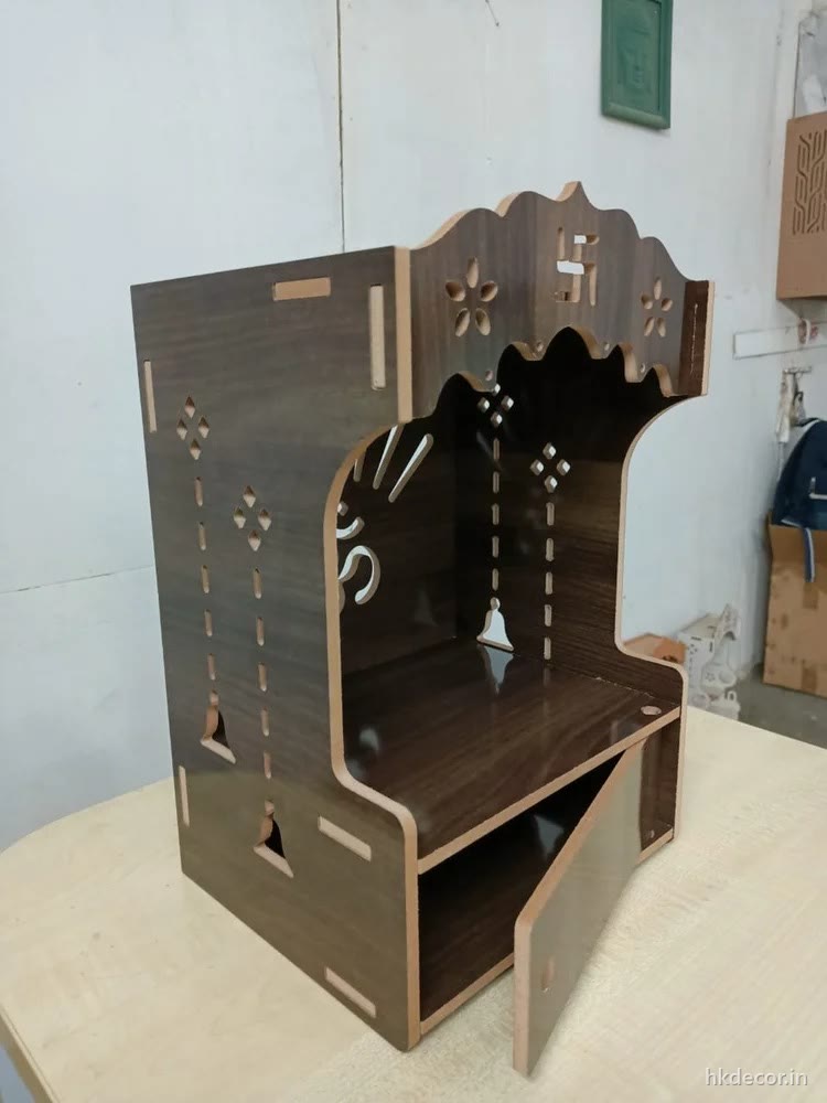 Laser cut two tier home mandir in a dark wood finish with perforated sides