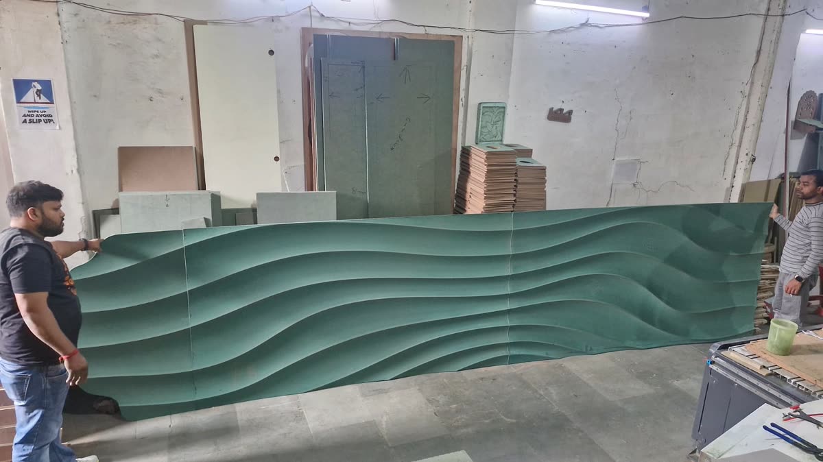 Full height CNC cut 3D wave wall panel primed for finishing, Dream3 workshop Bijwasan Delhi