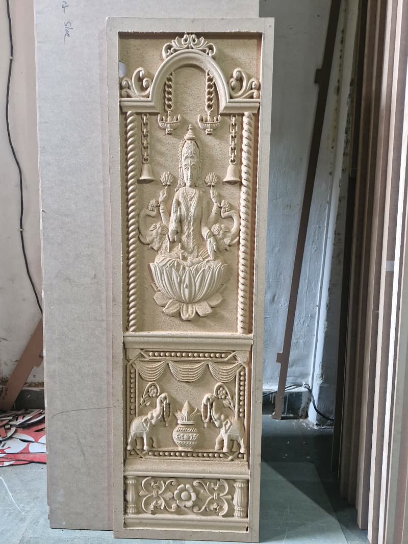 3D CNC carved pooja room door panel with a Lakshmi relief in raw MDF