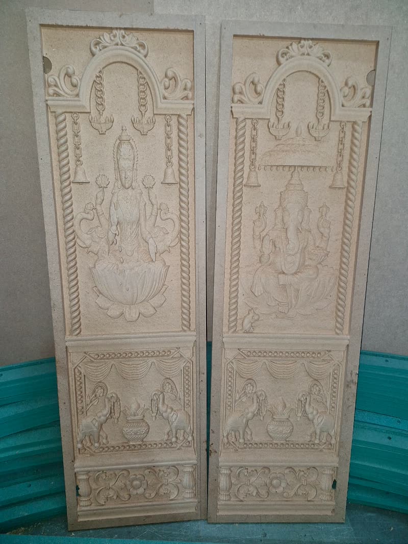 Pair of 3D CNC carved pooja room door shutters with matched relief carving in raw MDF