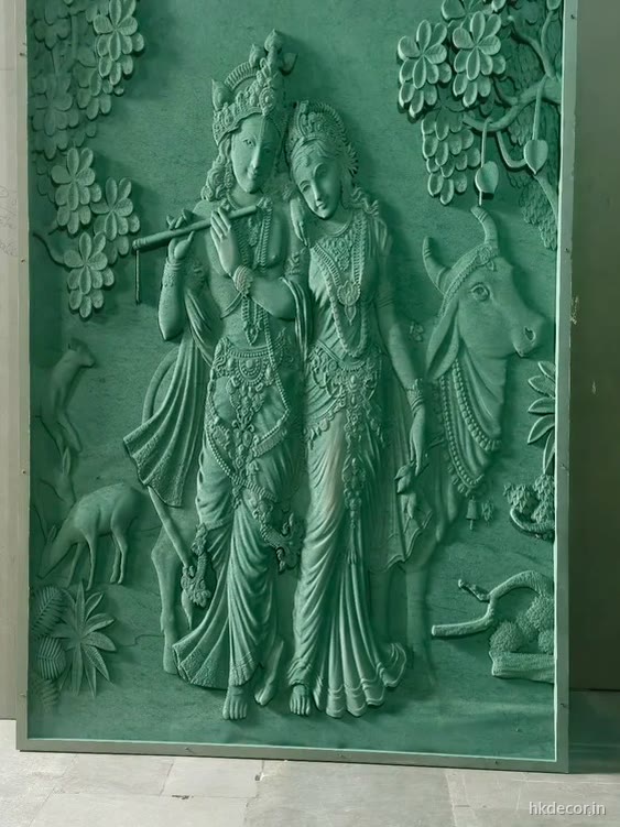 CNC carved figurative relief panel seen in raking light showing the depth of relief
