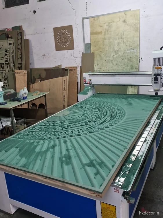 Full sheet of board held on the 10ft by 5ft CNC router bed at Dream3, Bijwasan