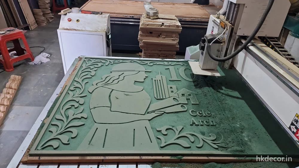 Full sheet figurative relief panel part way through carving on the CNC router bed