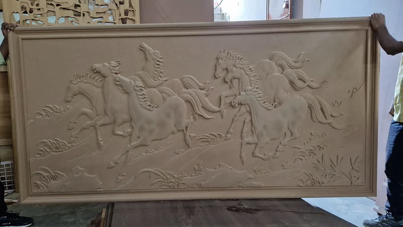 Deep 3D CNC router carved relief panel of running horses in raw MDF, cut in one pass