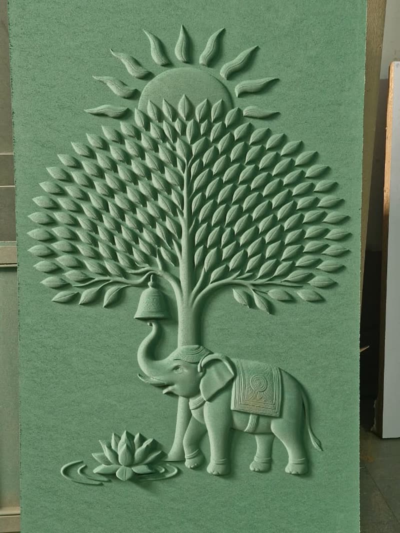3D CNC carved relief panel of a tree and elephant with layered foliage, primed MDF