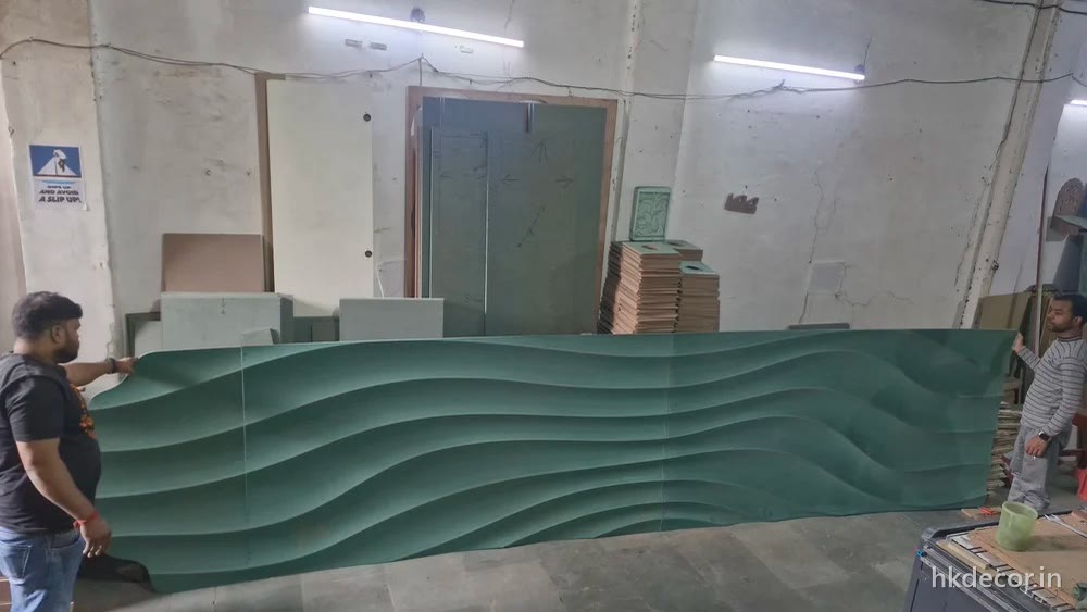CNC cut 3D wave wall panels fixed as a long curved run and primed, Delhi NCR